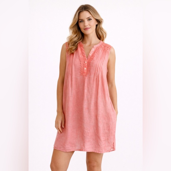 Alessia Pacini Dresses & Skirts - Alessia Pacini 100% Linen Lace & Pintuck Tunic Dress in Pink – Women’s Sz 2X